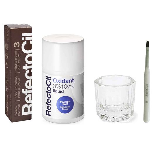 RefectoCil Natural Brown (#3) Hair Tinting Kit Includes Cream Hair Dye + Liquid Oxidant 3% + Mixing Brush & Mixing Dish