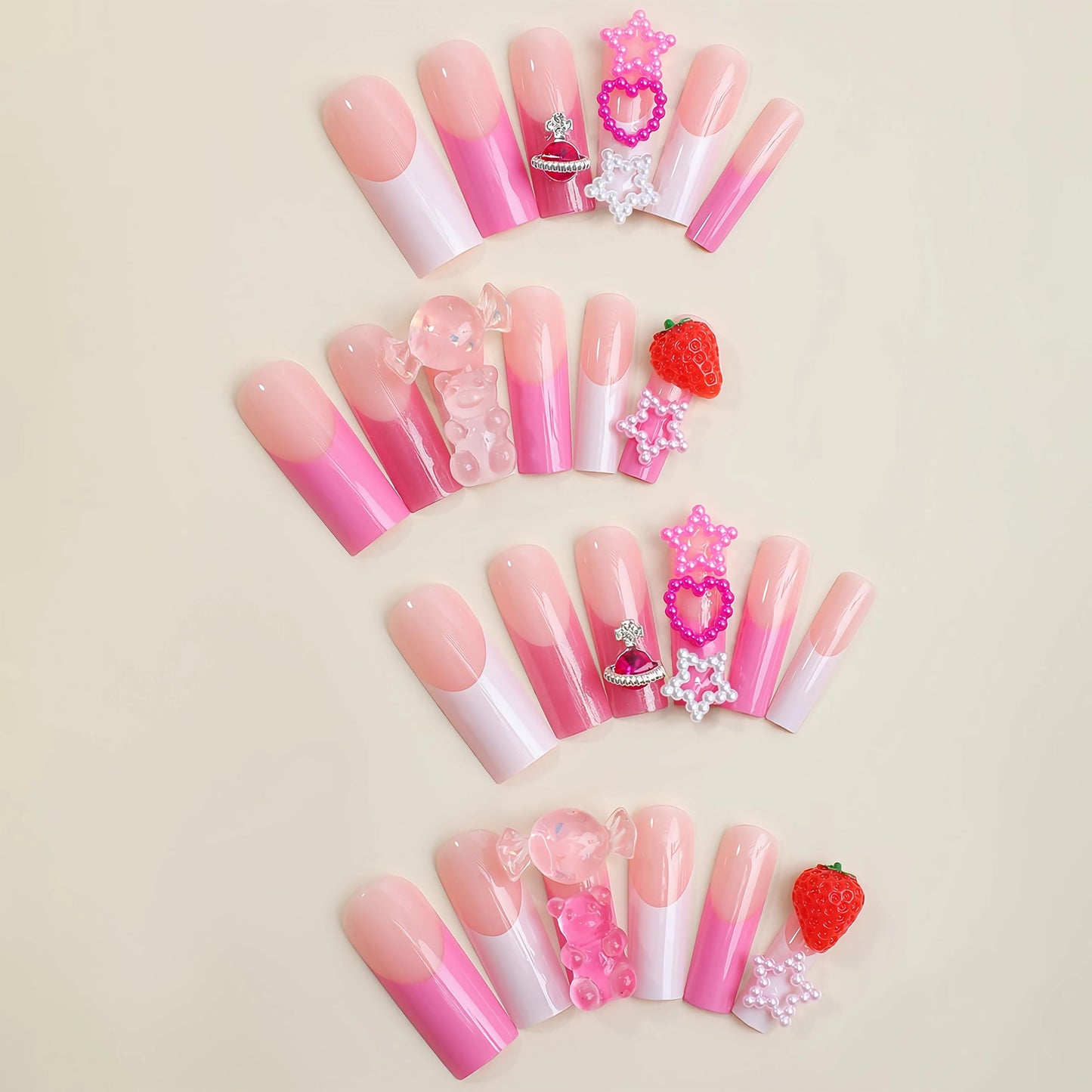 BABALAL Pink Press on Nails Long Square Fake Nails Cute Glue on Nails 3d Bear Candy Star Heart Strawberry Charm Acrylic Nails Rhinestone Squoval Manicure Stick on False Nails 24Pcs Nails Press on