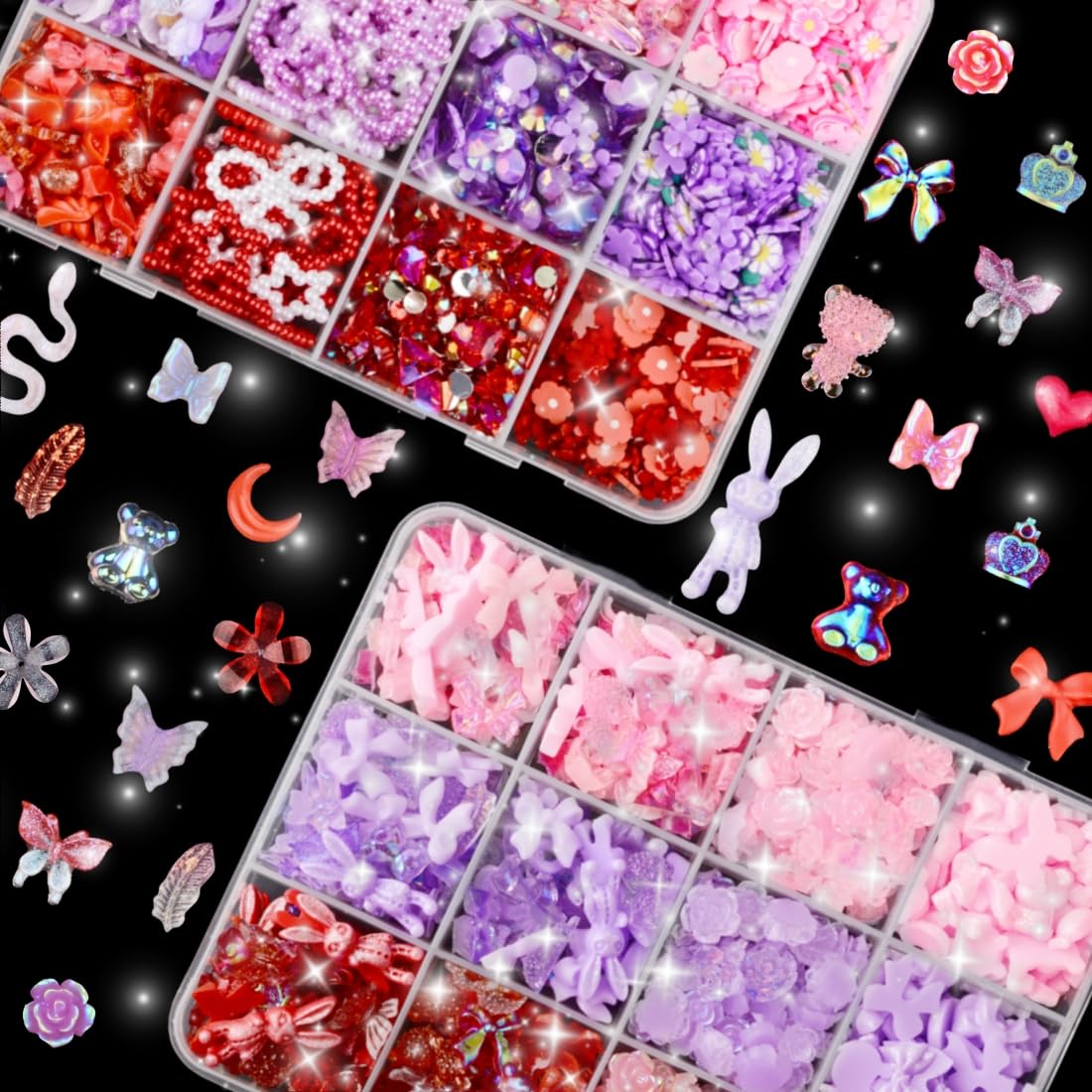 Umillars 700pcs 3D Resin Nail Art Charms with 1350pcs Special Shape Nail Flatback Rhinestones Nail Art Slices Acrylic Hollow Beads Nail Sequins Mini Flowers for Nail Art Designs(Pink+Purple+Red)