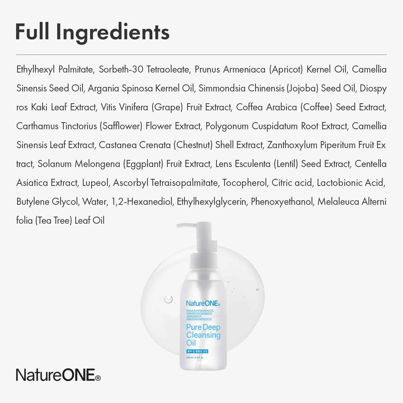 NATUREONE Pure Deep Cleansing Oil with AHA+PHA, Argan, Jojoba, Centella Asiatica, Blackhead Remover, Oil Based Cleanser for Face, Sebum Control, Pore Cleaner, Korean Skincare, 145ml, 4.9 fl. oz.