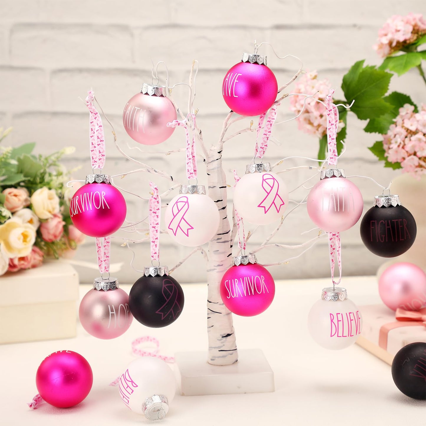 Thyle 16 Pcs Breast Cancer Ornaments Breast Cancer Awareness Decoration for Tree Pink Ribbon Ornament Bulb Pink Black Hope Brave Breast Cancer Gifts for Xmas Tree Home