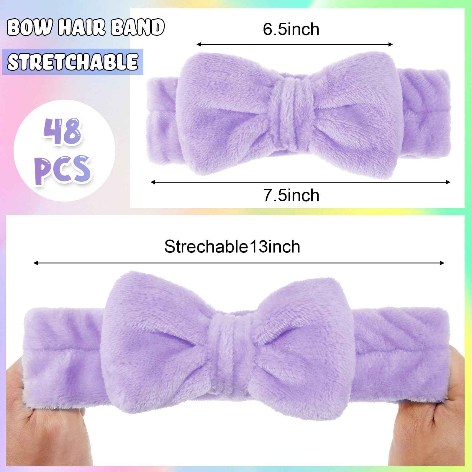 WILLBOND 48 Pieces Pastel Spa Headband Bulk Flannel Bow Hair Band Fluffy Plush Facial Makeup Headband for Women Washing Face Spa Shower Cleansing
