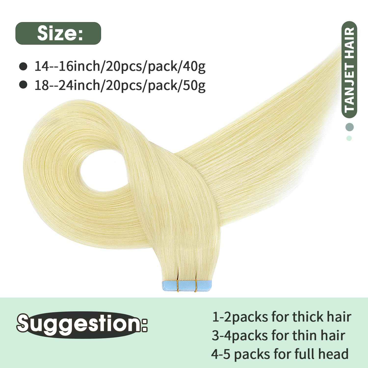 TANJET Tape in Human Hair Extensions Platinum Blonde Straight Seamless Skin Thick Weft Hair Extensions Remy Tape in Hair Extensions Human Hair (#60 16 Inch 20pcs 40g/Pack)