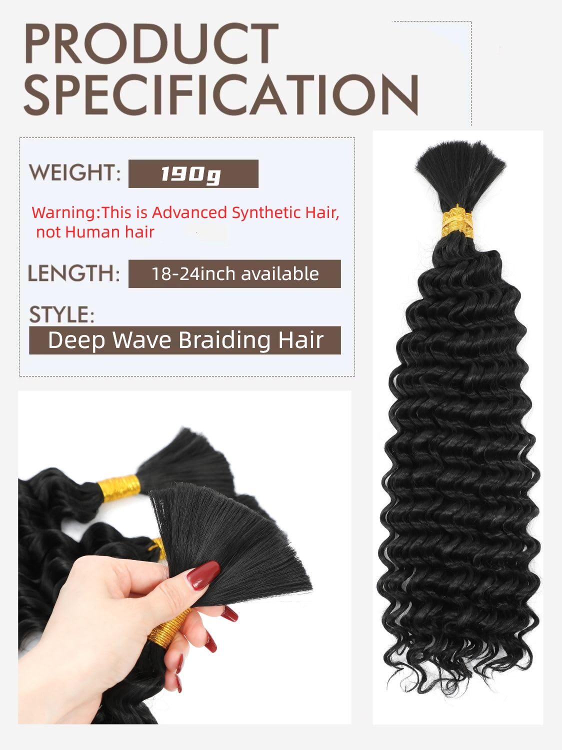 18 Inch Deep Wave Braiding Hair (1Pack-2Bundles) Water Wave Braiding Hair For Bohemian Knotless Boho Braids Wet and Wave, Bulk Synthesis Braiding Hair For Micro Braids Curly Deep Bulk