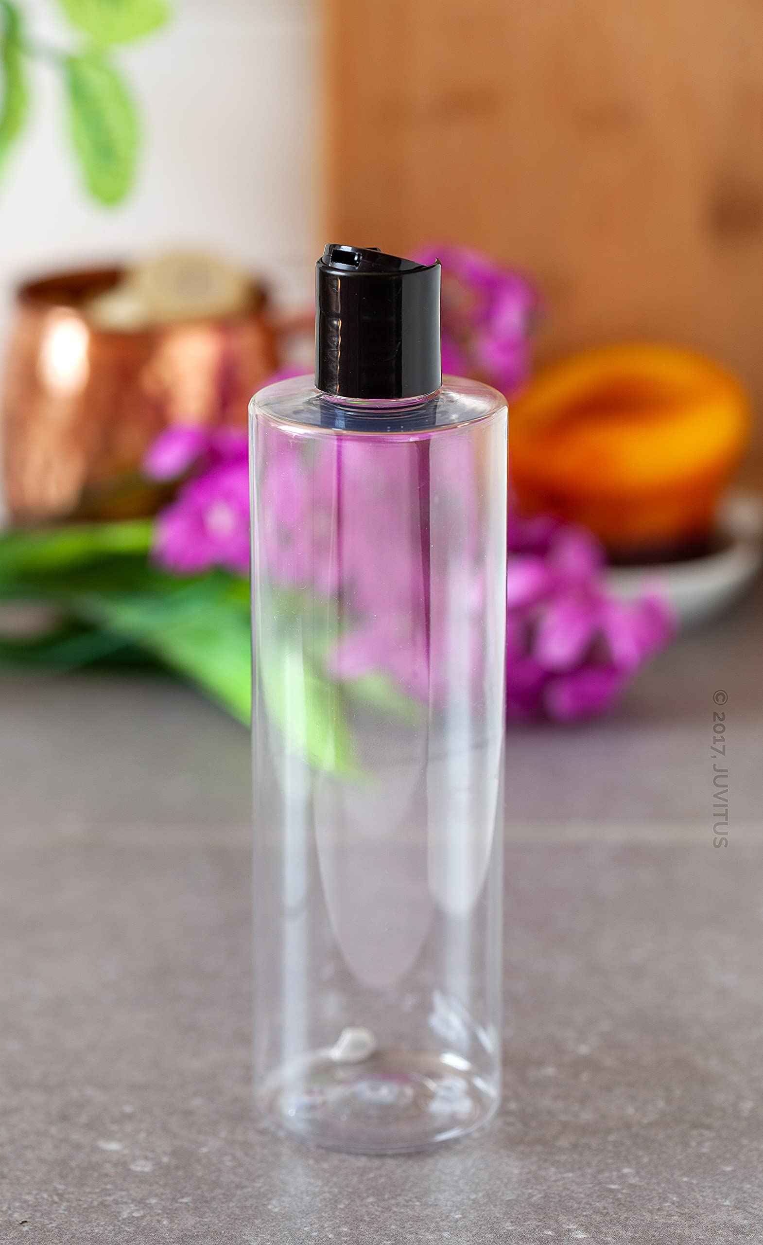 JUVITUS (12 pack) 16 oz Clear Cylinder PET Plastic Bottles with Disc Cap Lid