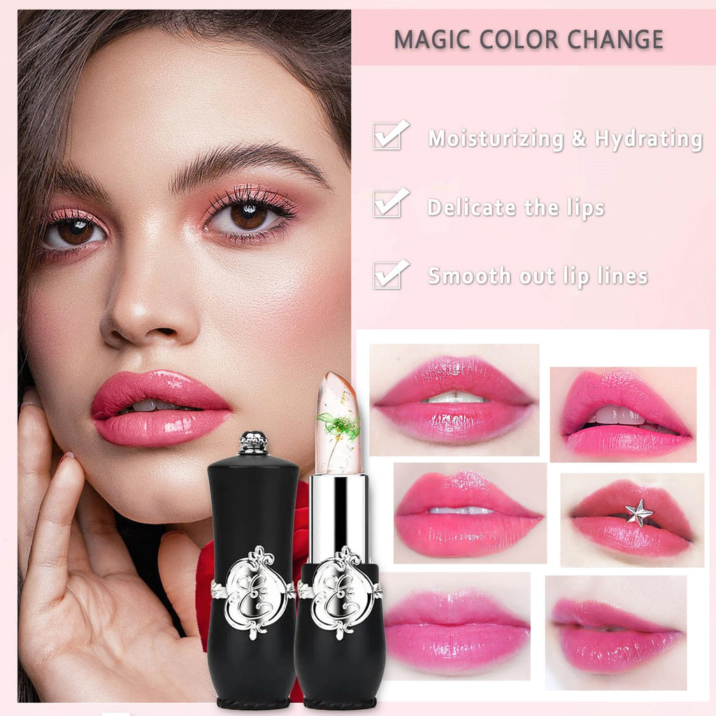 firstfly Pack of 6 Crystal Flower Jelly Lipstick, Long Lasting Nutritious Lip Balm Lips Moisturizer Magic Temperature Color Change Lip Gloss (Pink)
