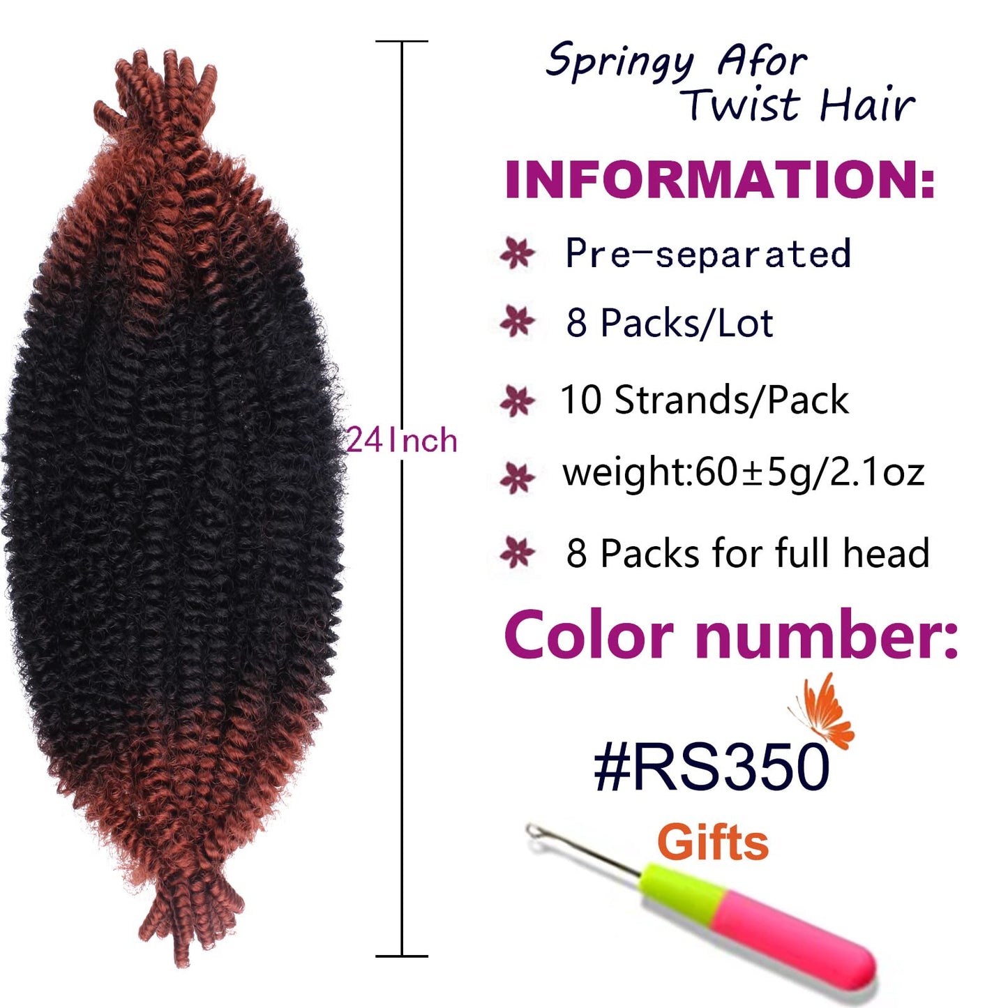 ZRQ 8 Packs Springy Afro Twist Hair 24 Inch Pre-Separated Spring Twist Crochet Braids Hair For Soft Faux Locs Natural Synthetic Marley Braiding Hair for Black Women 8 Strands/Pack (RS350#)