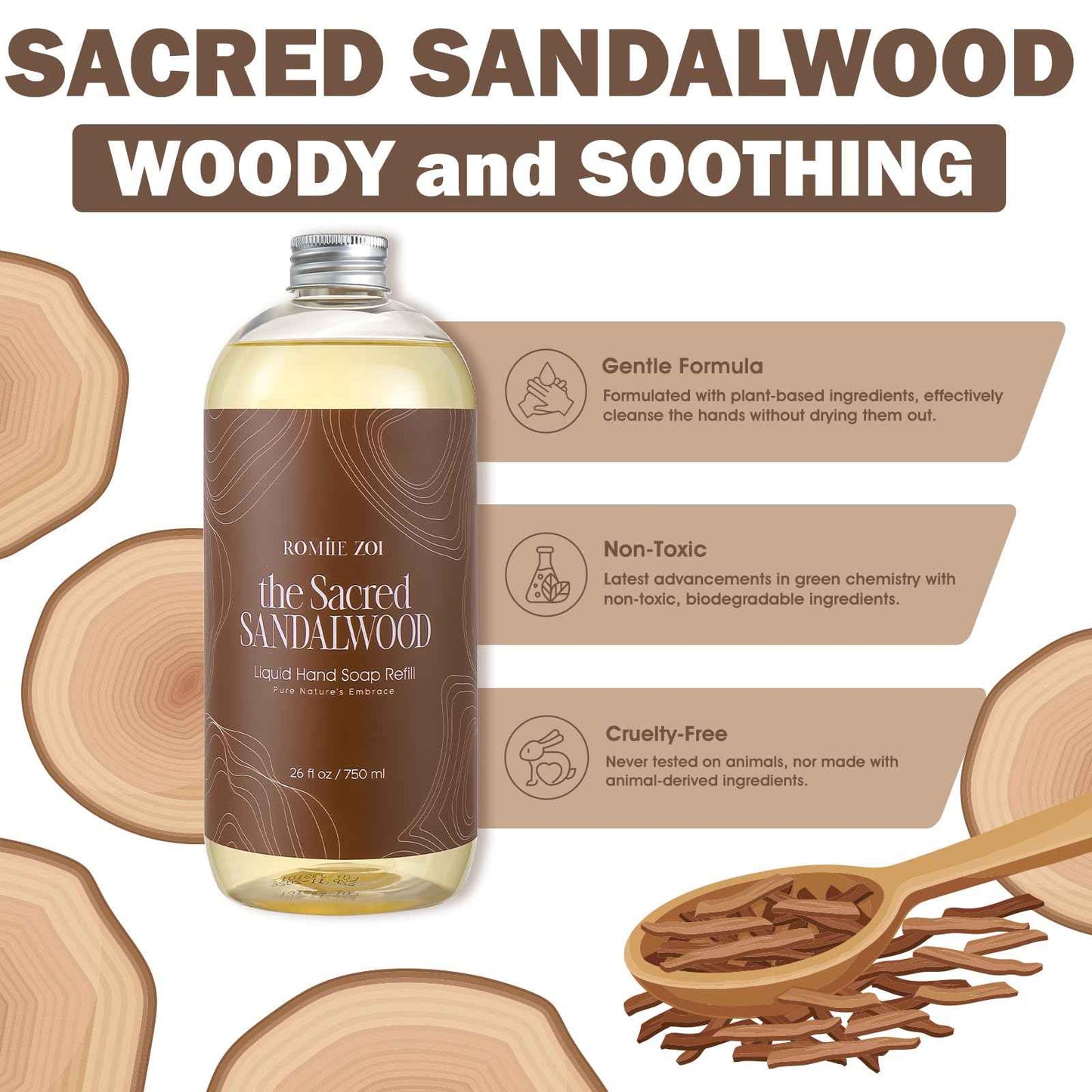 ROMIIE ZOI Liquid Hand Soap Refill Gift Set-3 Pack, Cruelty-Free and Biodegradable Formula, Moisturizing Hand Wash with Essential Oil for Sensitive Skin, Sandalwood Scent (26Fl Oz x 3)