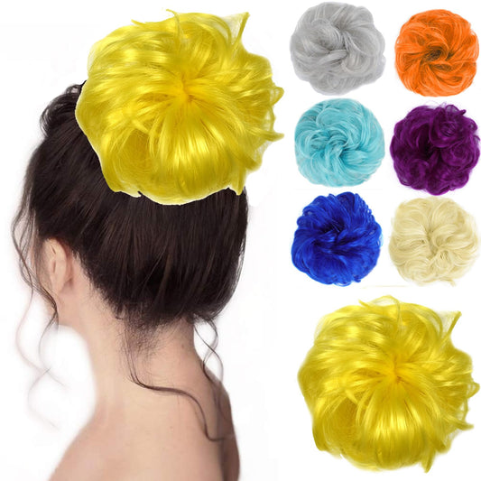 Kediciz Messy Bun Hair Piece, 1PCS Fake Hair Buns Scrunchies Extensions Synthetic 30g Updo Hairpieces Curly Wavy Chignon Ponytail for Women Girls Kids Yellow