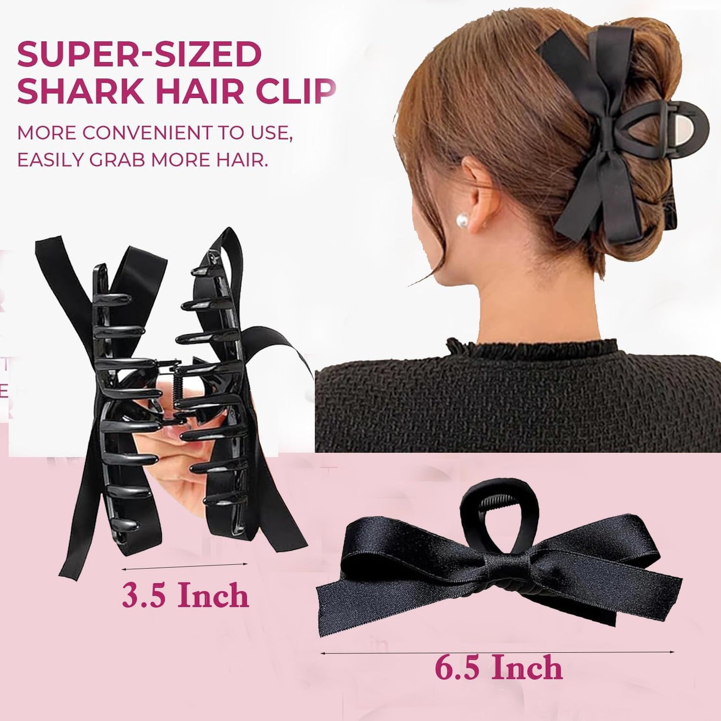 Bow Hair Claw Clip for Women,Bow-knot Hair Claw Clips Barrettes for Thick Thin Hair,Hair Accessories for Women Girls (black Satin)