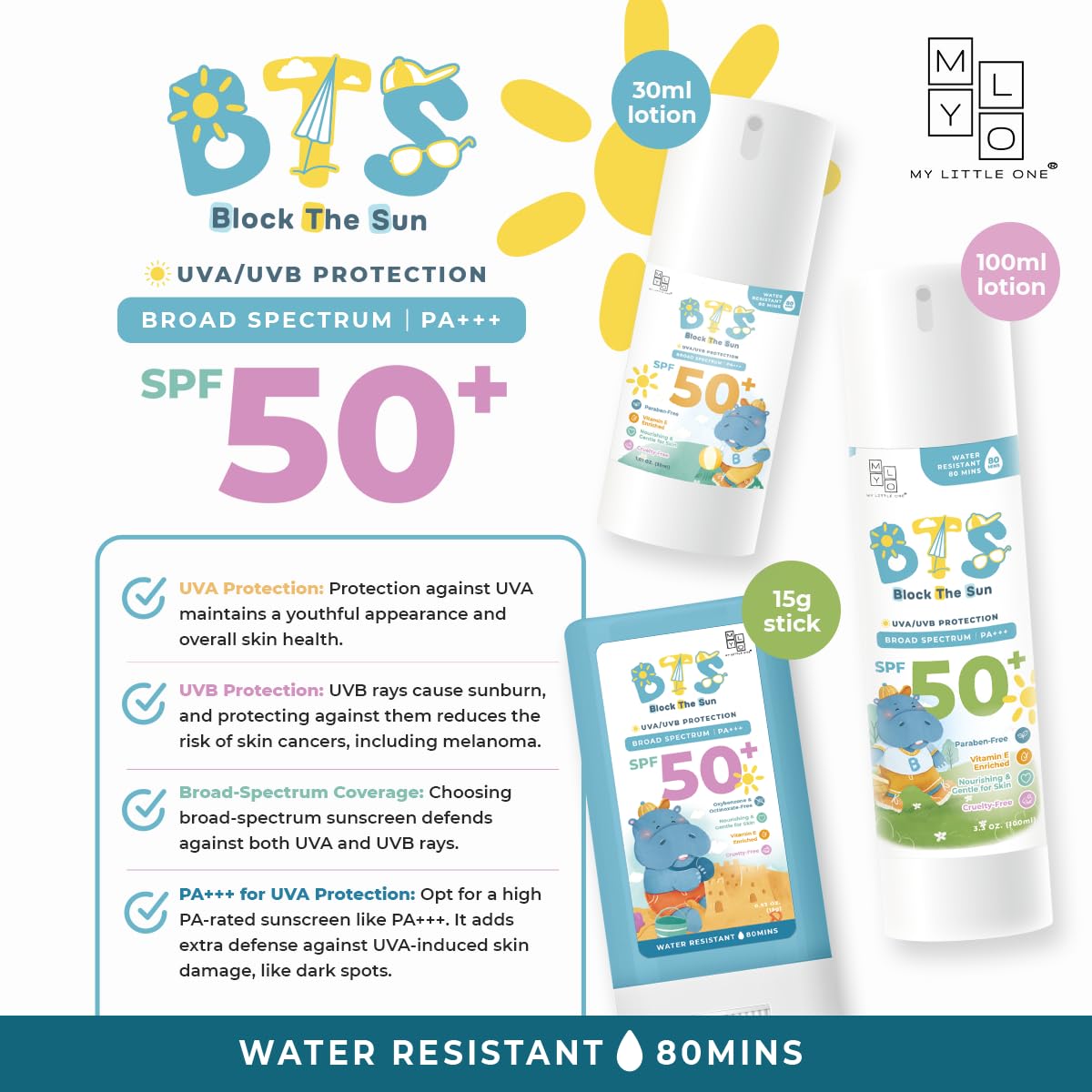 MyLO BTS SPF 50 Sunscreen, Broad-Spectrum UVA UVB Face & Skincare Protection, PA+++, Nourishing Moisturizer For All Baby, Kids & Adult Skin Types, Paraben Free, Water Resistant (Lotion 30ml)