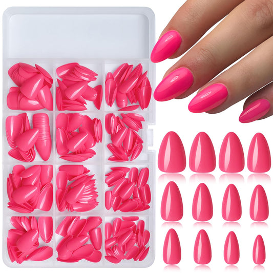 LuckForever 360pc Almond Press on Nails Short Fake Nails Hot Pink Glue on Nails XS Short Acrylic Nails Press ons Nail Almond Artificial Fingernails Pink False Nails Tips with Nail Glue Adhesive File