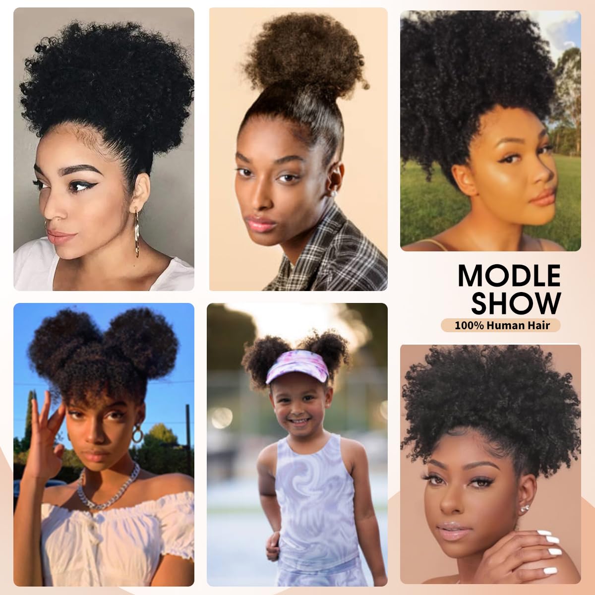 Boymia Afro Puff Drawstring Ponytail Human Hair #1 Jet Black 6 Inch Kinky Curly Bun Hair Genuine Human Hair Short Kinky Bun for Natural Hair Clip On Kinky Drawstring Curly Ponytail Bun