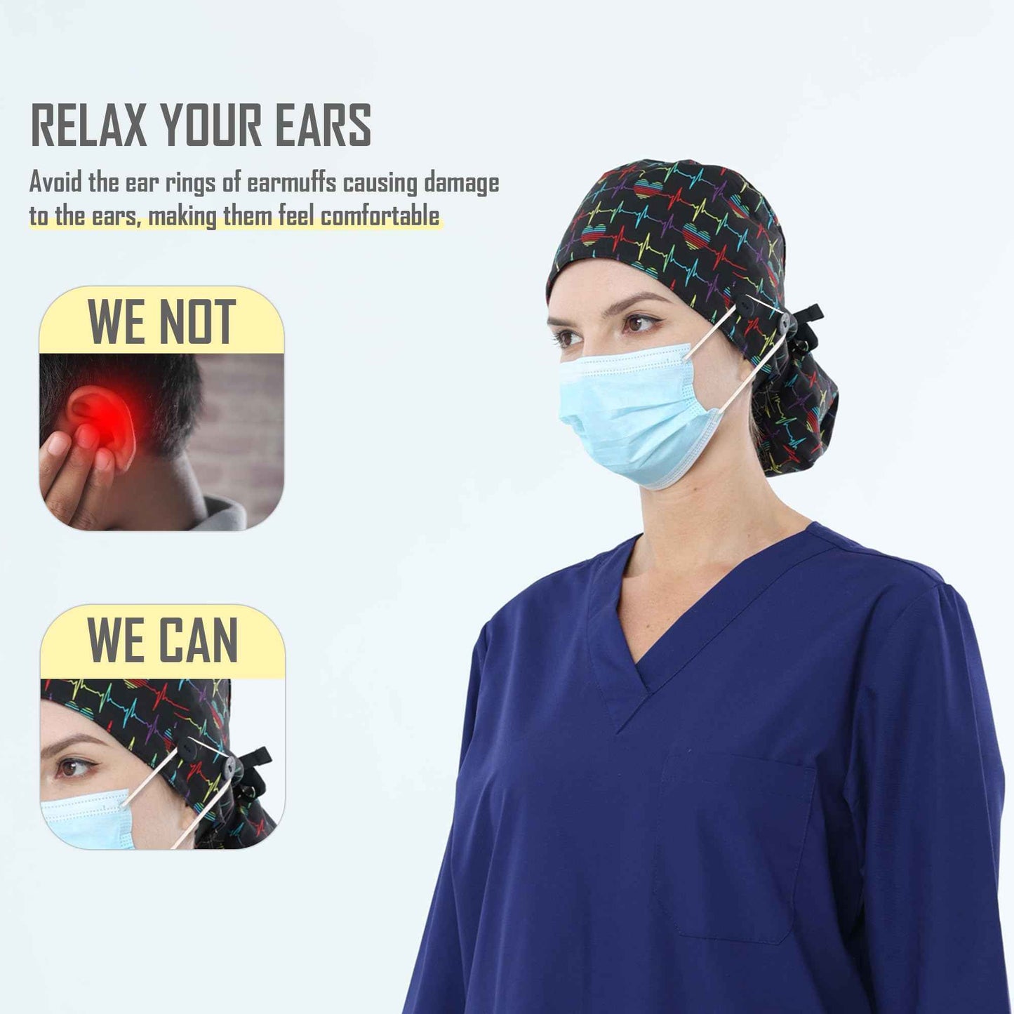 Purefitinsoles Scrub Caps for Women Surgical Nurse Hat with Button Bouffant Ponytail Holder Hair Nets Single or Satin-Lined