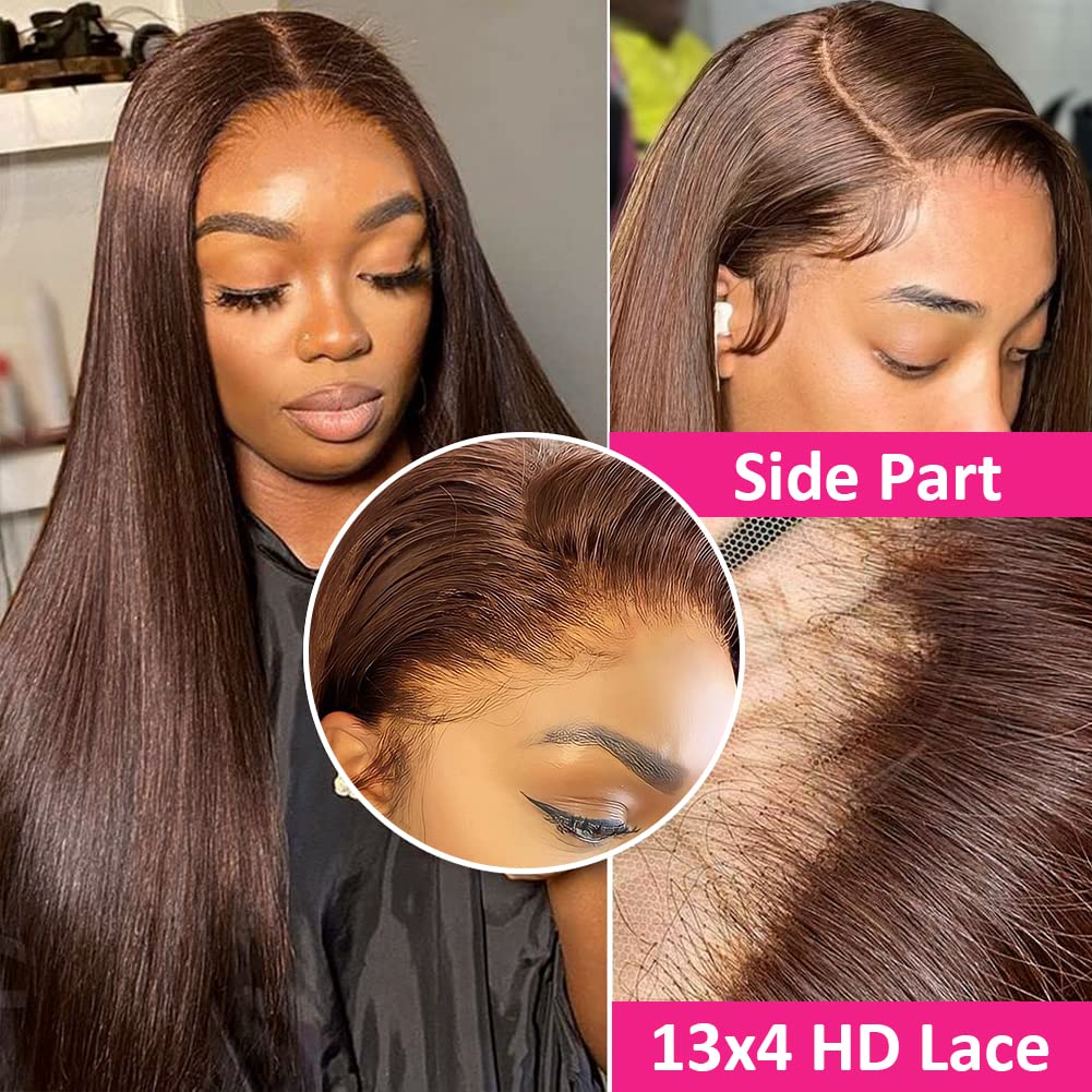 Hermosa 13x4 Chocolate Brown Lace Front Wigs Human Hair with Baby Hair 180 Density Straight Lace Frontal Human Hair Wigs Pre Plucked Hairline 4# Brown Wig 26 Inch