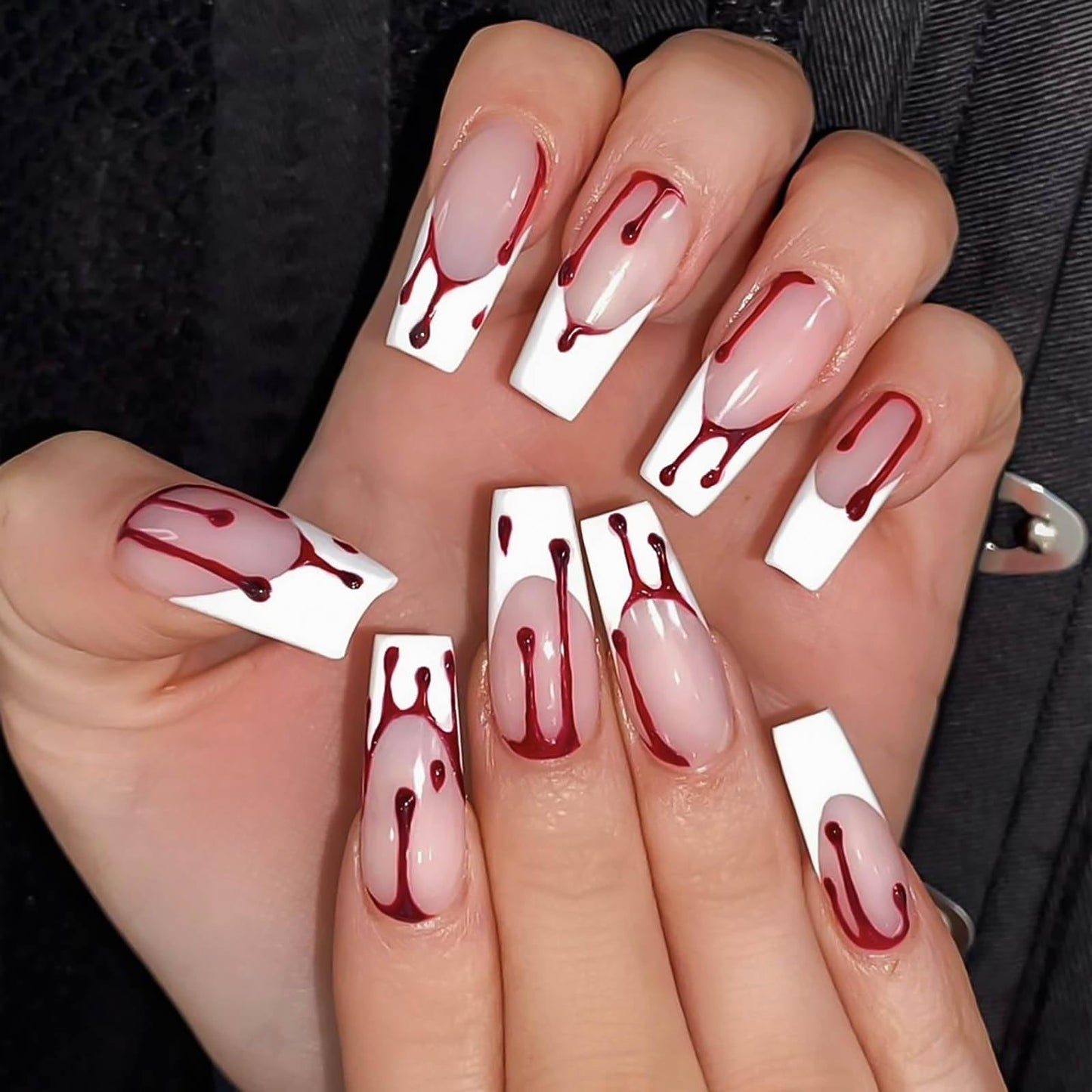 RUOKEXIN Halloween Press on Nails Medium Coffin Fake Nails White French False Nails with Red Blood Designs Nude Pink Full Cover Glue on Nails Glossy Artificial Nails Holiday Stick on Nails for Women