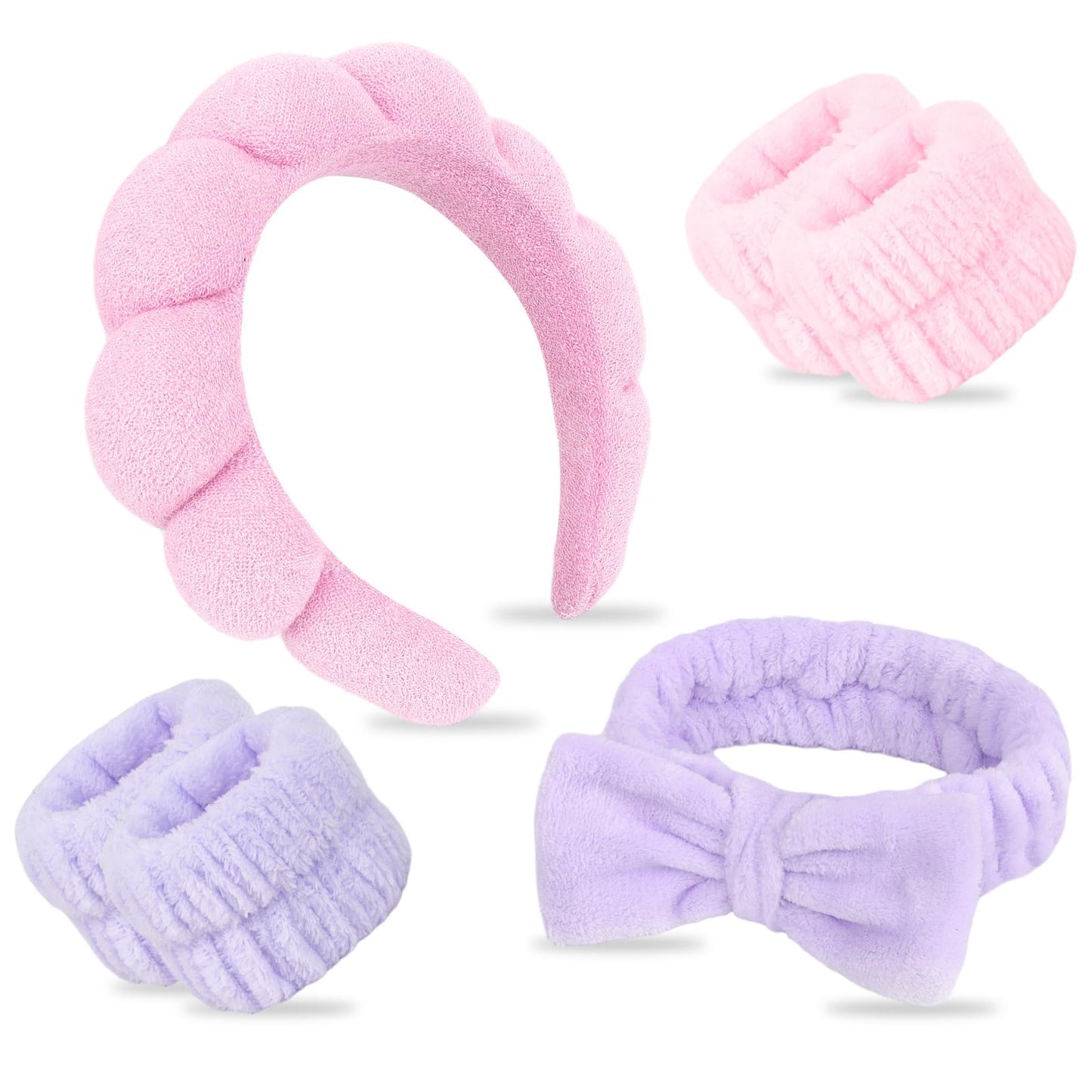 ACO-UINT Spa Headbands and Wrist Bands Set - Skincare Sponge Terry Cloth Headbands, Makeup Wristbands, and Puffy Hair Band for Face Washing and Skincare