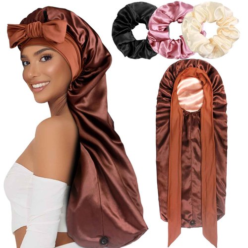 1+3 Long Satin Bonnets with Scrunchies for Women Sleeping, Double Layer Large Braid Bonnet with Tie Band, E