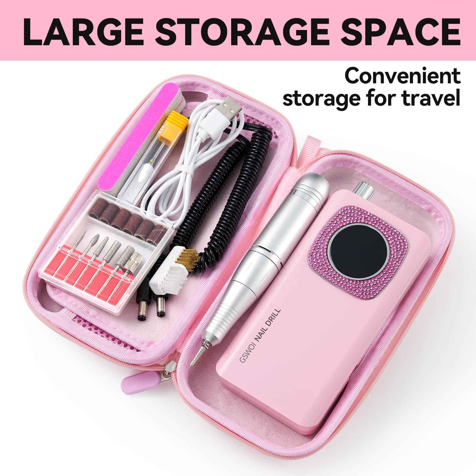 45000RPM Professional Portable Nail Drill Electric File with Pink diamond， Rechargeable Nail E File Machine with Bits & Clean for Acrylic Nails Remove Nail Gel Polish Manicure, Cordless