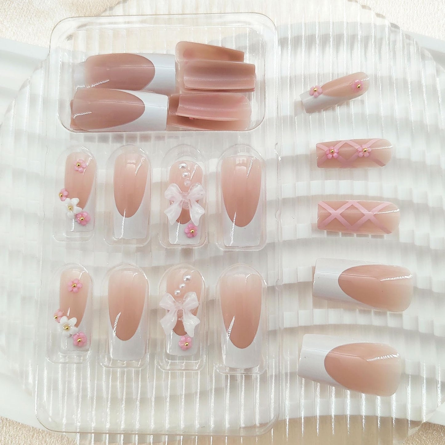 Pink Press on Nails Medium Long Square Fake Nails Press ons White French Tip Glue on Nails Full Cover False Nails with Cute 3D Bow Flower Charms Design Acrylic Nails for Women Girls 24 Pcs