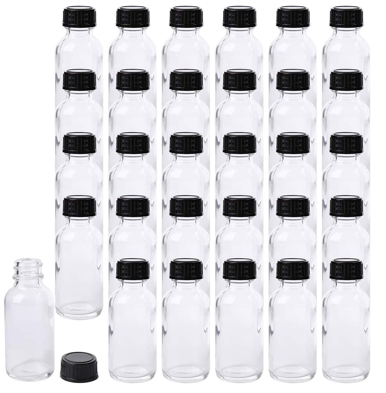 Bekith 30 Pack Boston Round Glass Bottle with Black Cap, 1 oz Capacity, Clear