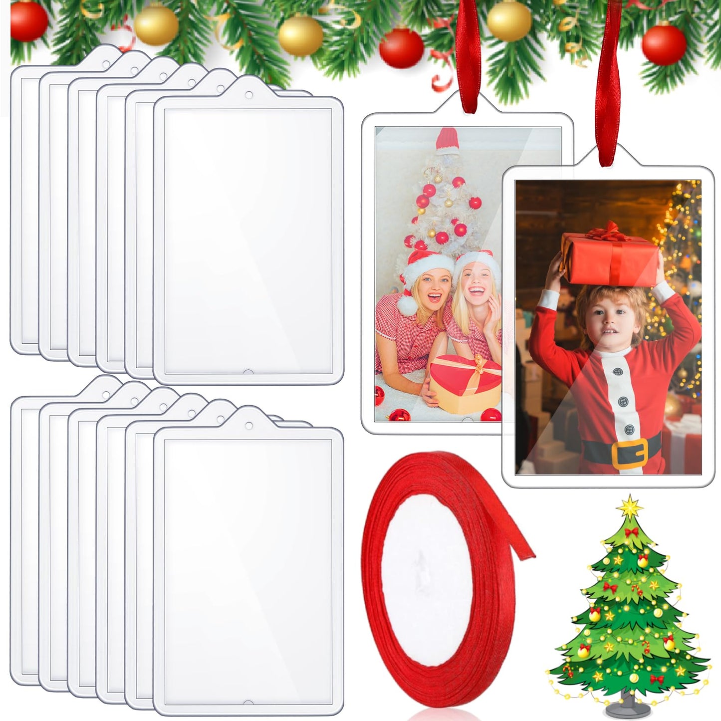 Tcevily 24 Pieces Christmas Clear Hanging Photo Frame Acrylic Picture Frames Ornament Mini Frames with Ribbon Xmas Picture Frame for Christmas Trees Decoration (24, Rectangle)