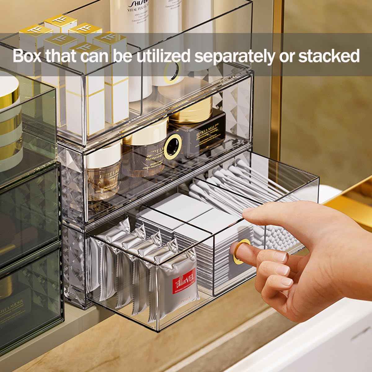 MORNITE 2-Tier Stackable Medicine Cabinet Organizer Drawer with Removable Dividers, Clear Plastic Bathroom Storage Drawers for Vanity, Countertop, Wall Cabinet Home Organization