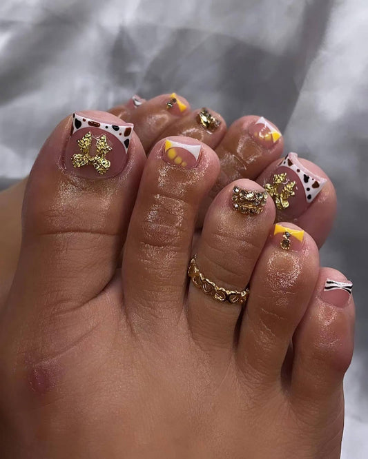 Summer Press on Toenails French Tips Fake Toe Nails 3D Glod Metal Bowknot False Toenails with Rhinestones Design Zebra Leopard Print Toenail Tips Nude Acrylic Glue on Toe Nails for Women and Girls