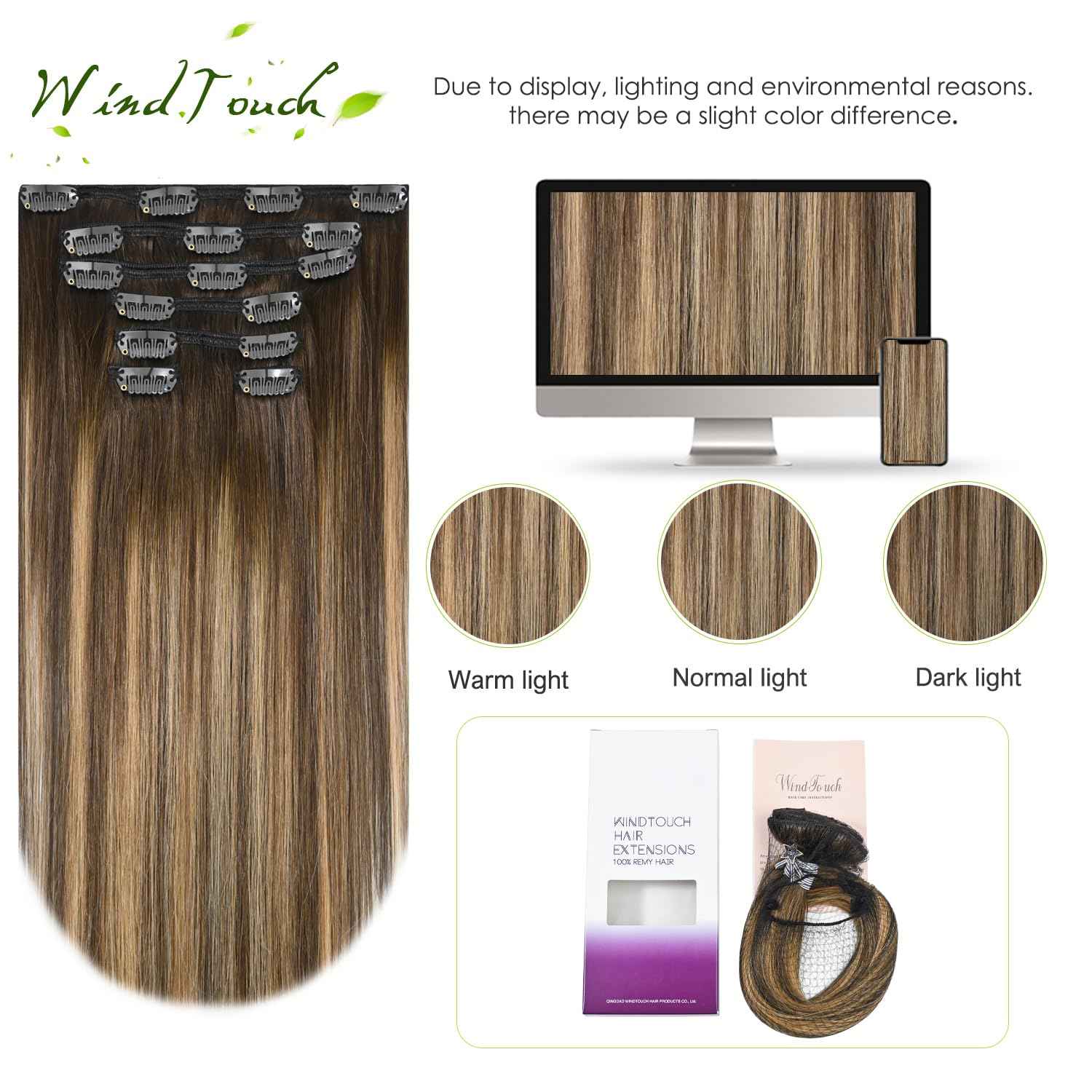 WindTouch Clip in Hair Extensions Real Human Hair Balayage Chocolate Brown To Dark Blonde Ombre Highlights for Brown Hair 12Inch 75g #4T27P4 7PCS