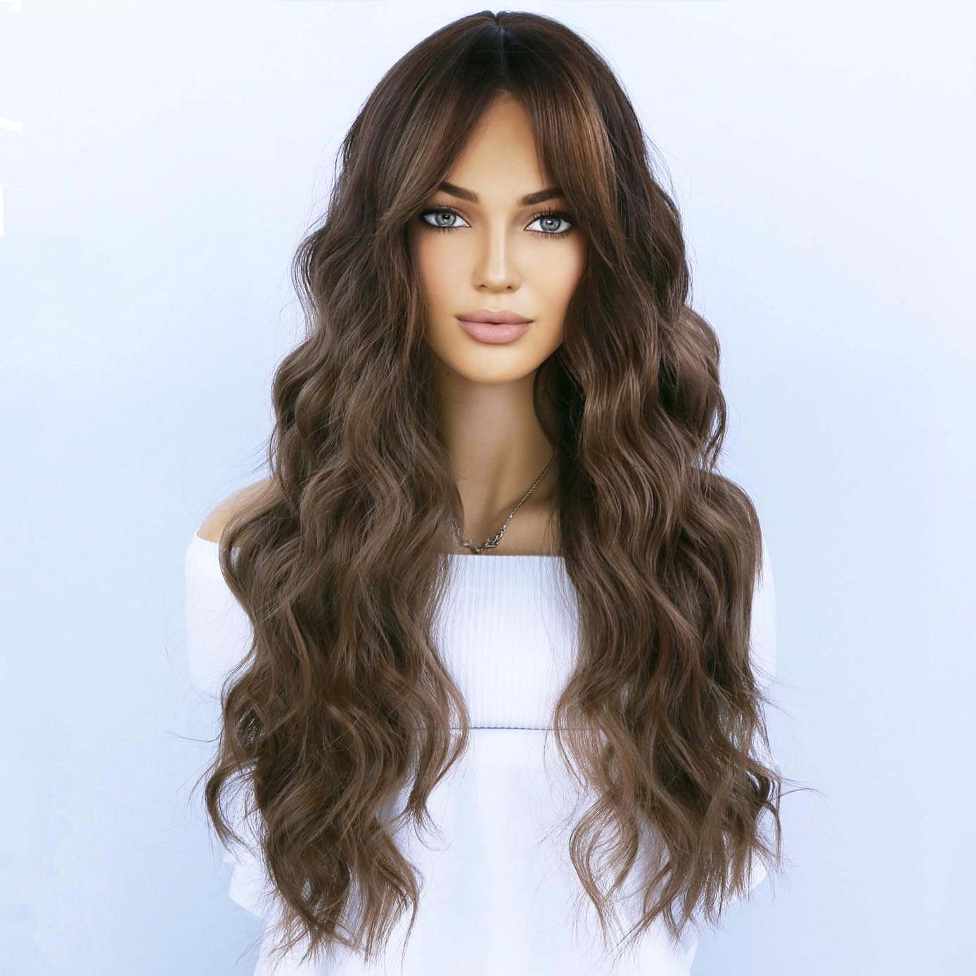 BERON Brown Ombre Long Wigs Curly Wavy Women Wigs with Bangs Dark Roots Color Heat Resistant Synthetic Wigs for Cosplay or Daily Wigs Wig Cap Included