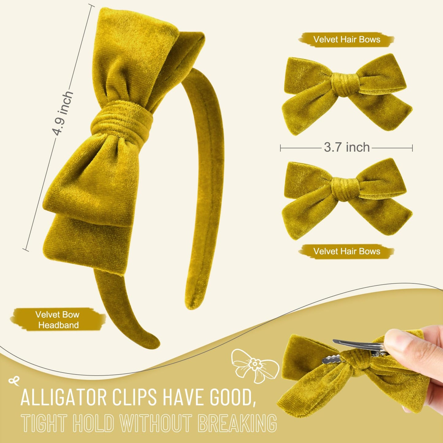 DEEKA Gold Velvet Bow Headband & 2 Pcs Velvet Hair Bows Set Velvet Uniform Hair Accessories Hair Band for Little Toddler School Girls -Gold