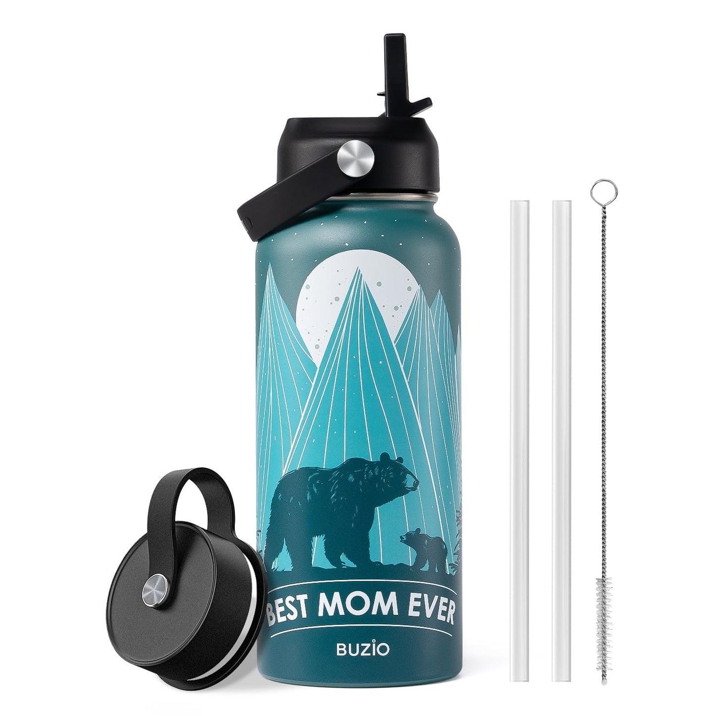 Gifts for Mom Birthday, 32oz Best Mom Water Bottle for Mother Gift, BUZIO Bear Mama Hydro Water Flask with Straw Lid, Stainless Steel Insulated Vacuum Metal Tumbler from Daughter Son, Cold for 48Hrs