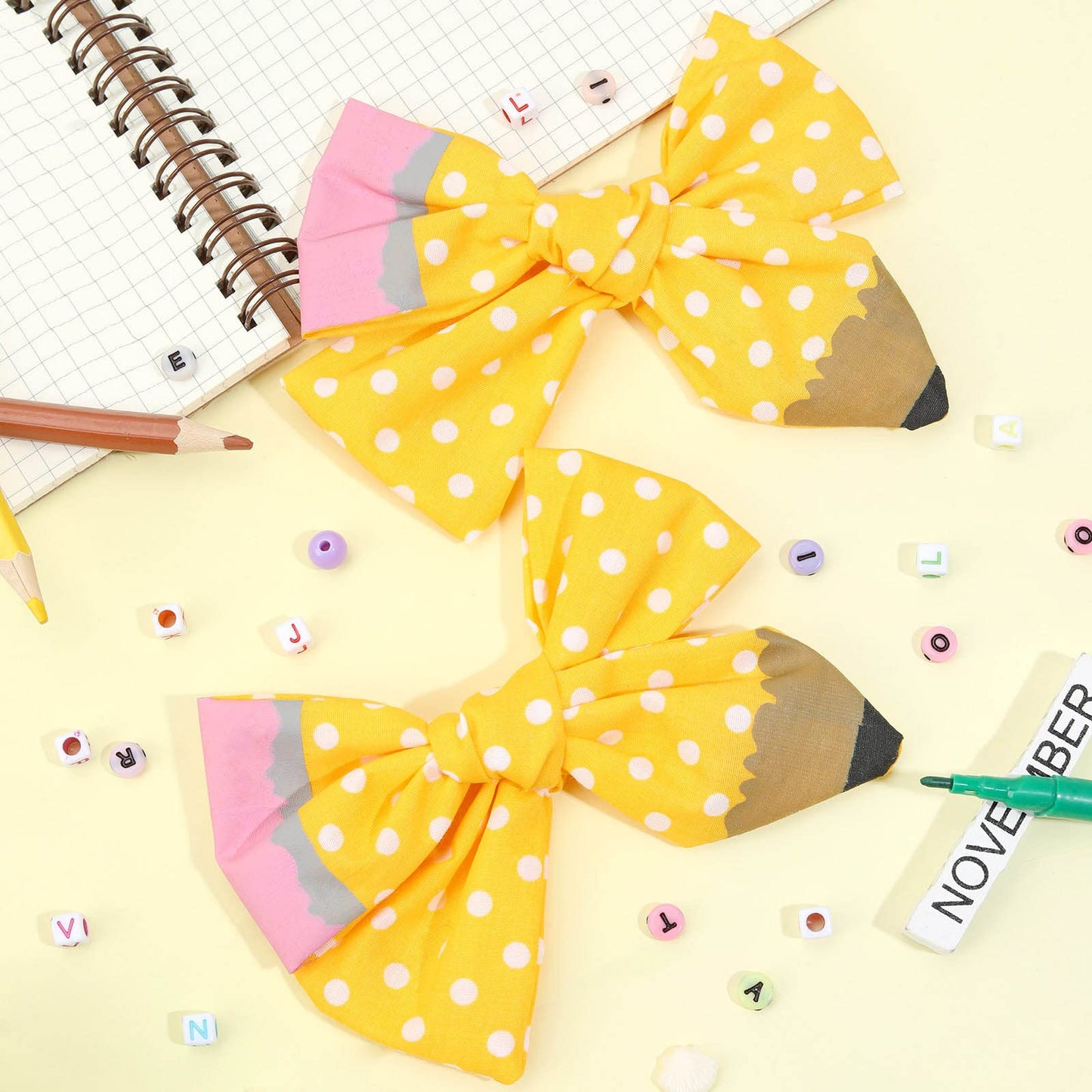 2PCS Back to School Pencil Cheer Hair Bows, Oaoleer Linen Yellow Pencil Hair Bows Clips for Girls Toddler Kids Kindergarten 1st 2nd 3rd 4th 5th Grade (Type A)