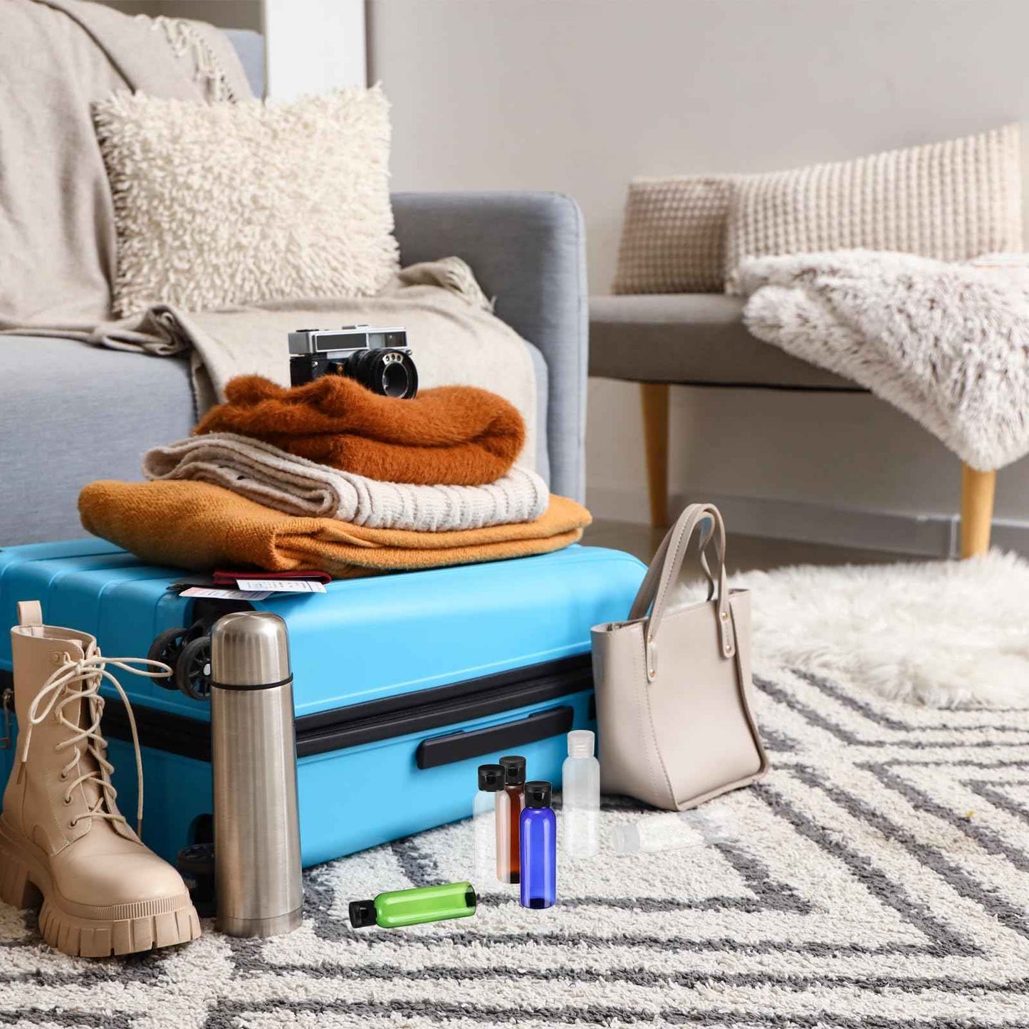 uxcell 2oz Plastic Bottles with Flip Caps, 24 Pcs Reusable Travel Size Containers with Lids Plastic Squeeze Refillable Dispensing Bottles for Shampoo, Body Soap, Toner(Blue Black)