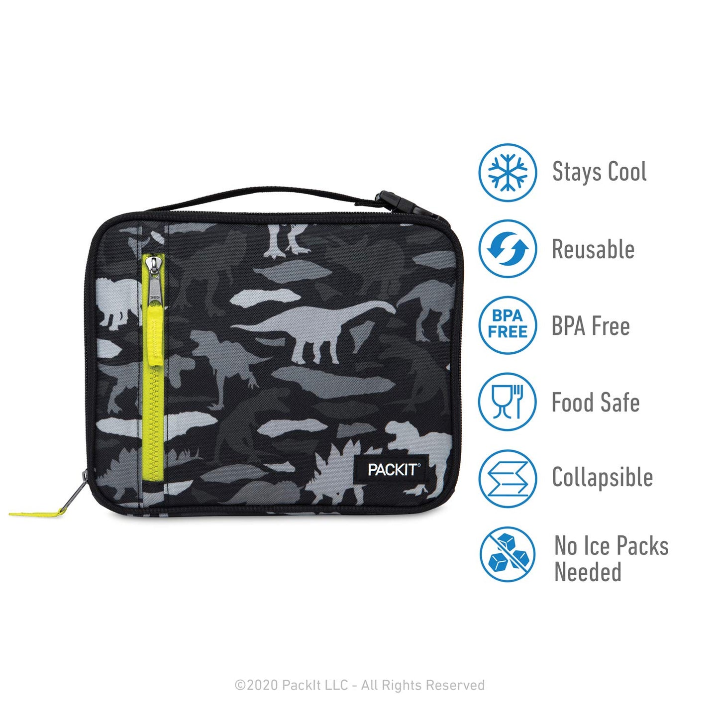 PackIt Freezable Classic Lunch Box, Dino Camo Charcoal, Built with EcoFreeze Technology, Collapsible, Reusable, Zip Closure With Zip Front Pocket and Buckle Handle, Designed for Lunches