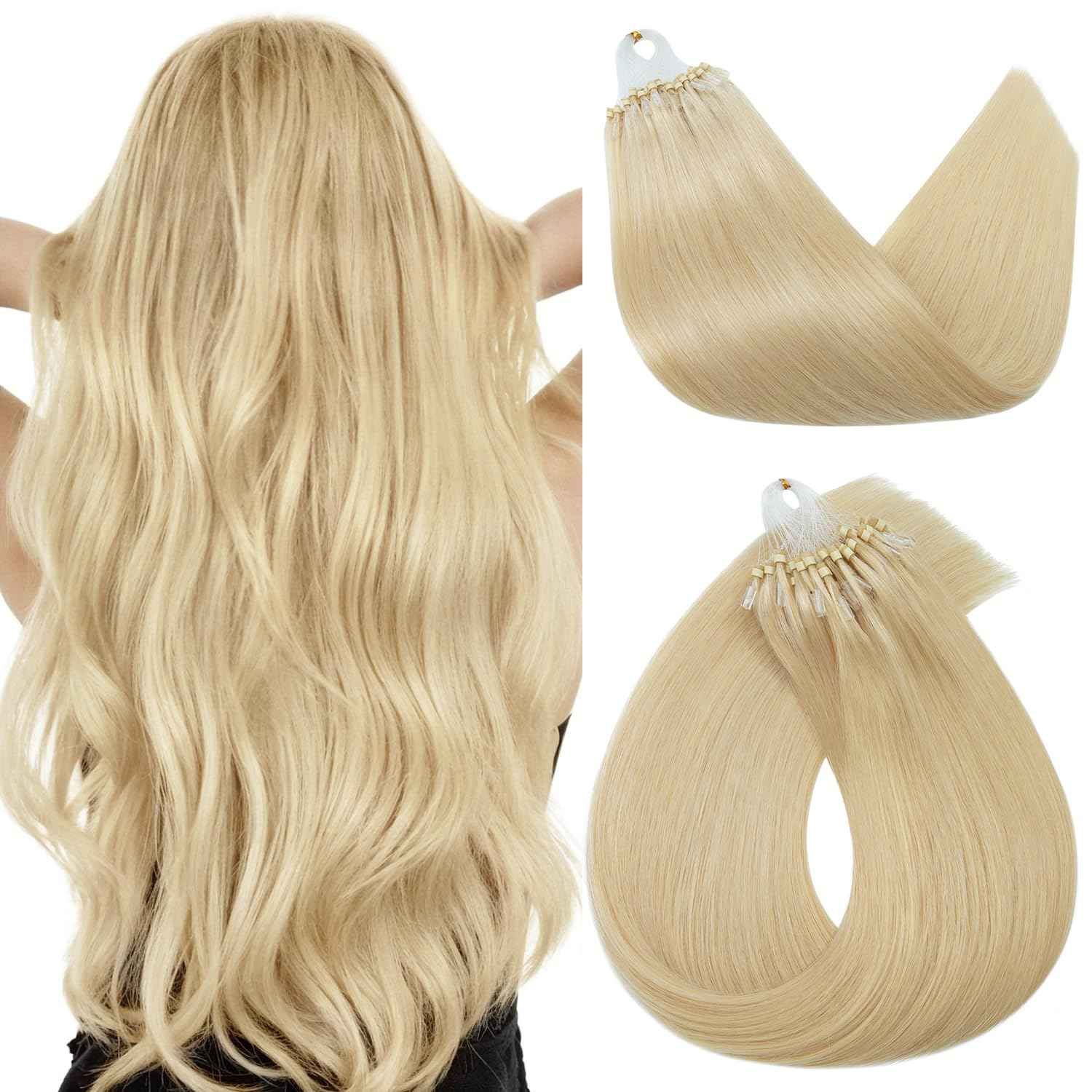 TESSHAIR Micro Loop Hair Extensions, 100% Remy Human Hair, Microlink Extensions, No Tangle & Smooth, 50 Strands 50g, 14 Inch #Bleach Blonde