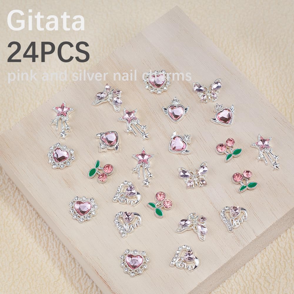 24PCS Pink and Silver Nail Charms for Acrylic Nails - Star, Cherry, Butterfly, and Heart Nail Art Decorations for DIY Manicure and Crafts