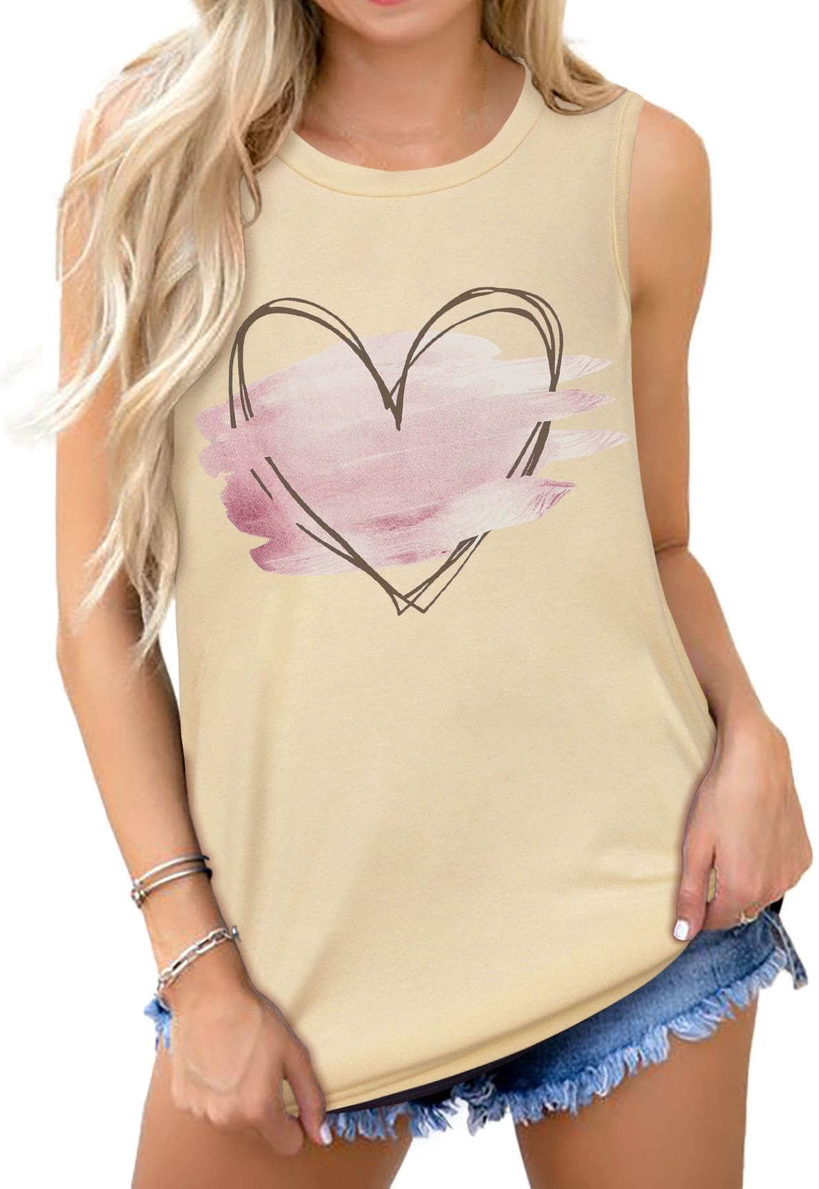 Summer Womens Tank Tops T Shirts Sleeveless Casual Loose Tunic Blouses(Pink Heart, S)