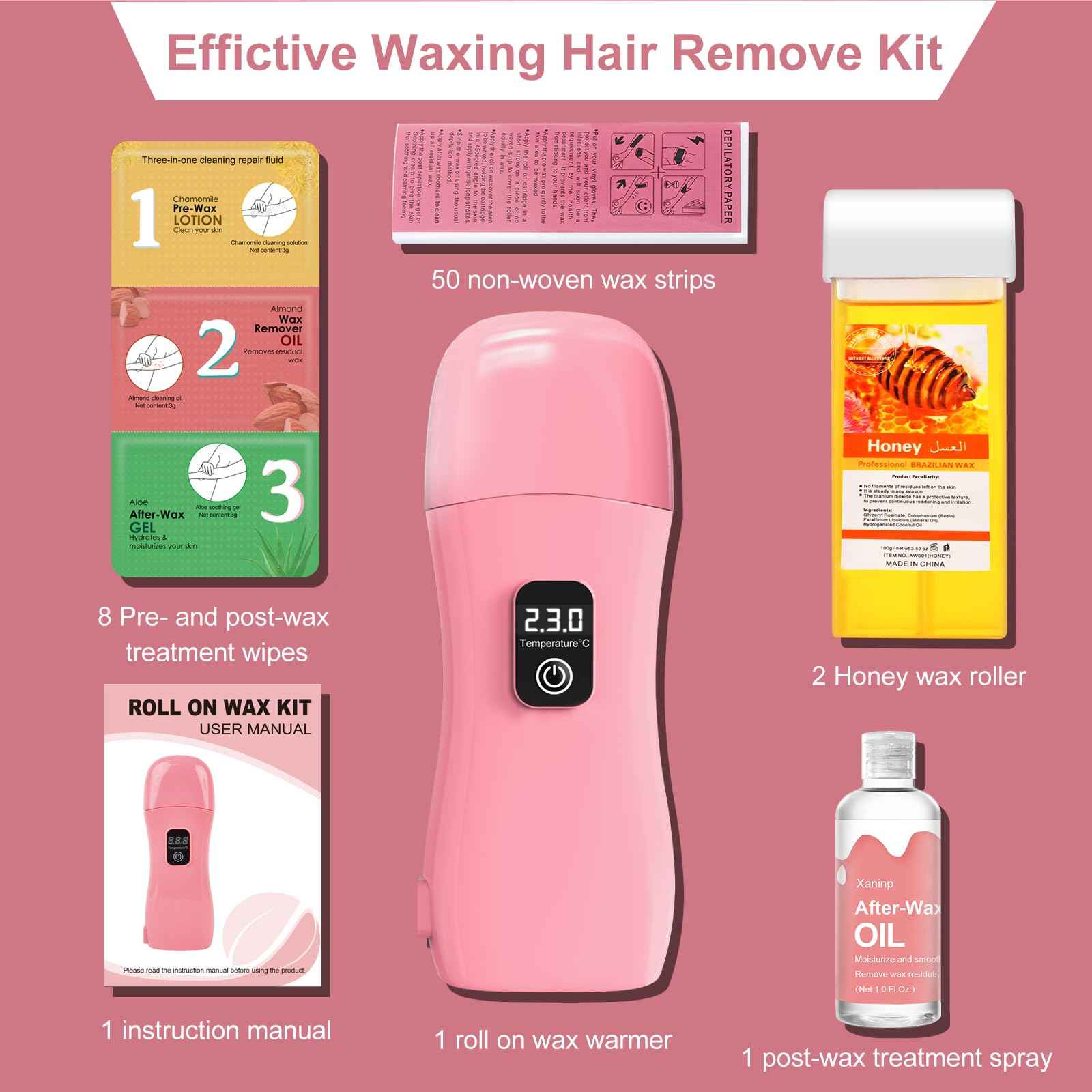 Roll on Wax Kit for Hair Removal - Wax Roller with Digital LED Display, Waxing Kit for Hair Removal for Women, Safe No-Burn At-Home Waxs Warmer, 2 Soft Honey Cartridges & 50 Strips