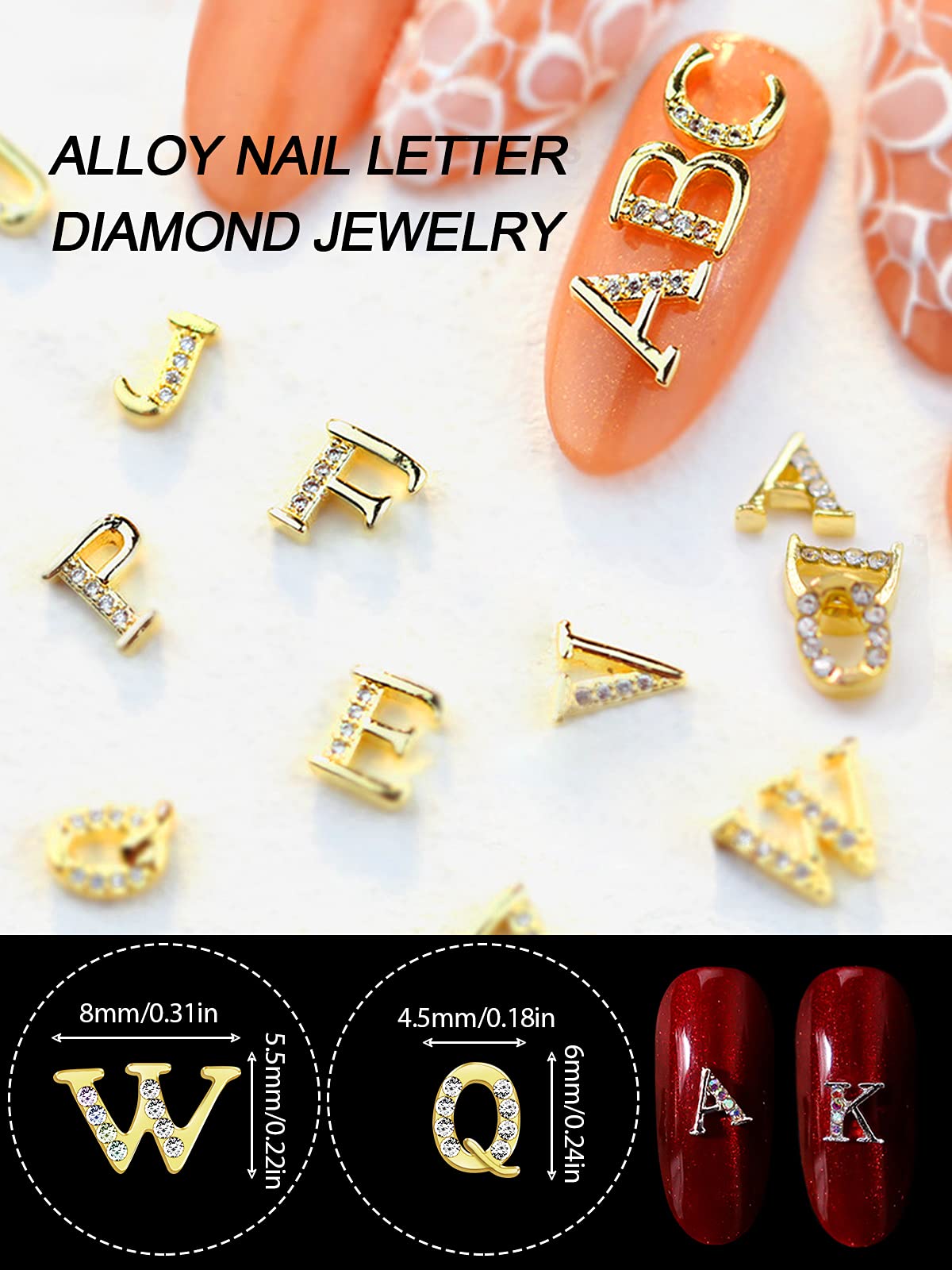 104Pcs Rhinetone Letters Nail Studs, Kalolary Gold Silver 3D Capital Rhinetone Nail Letter English Alphabet Stud Charm DIY Manicure Nails Jewelry Making Crafts Decoration for Women Girls