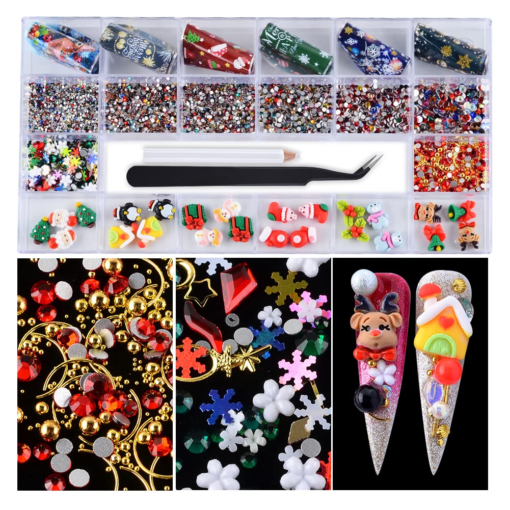 WEILUSI Christmas Nail Art Rhinestones Christmas Resin Nail Charms Nail Foil Sequins 3D Reindeer Socks Bell Christmas Tree Design for Nails Art Gems DIY Crafts Decoration with Wax Pen & Tweezer