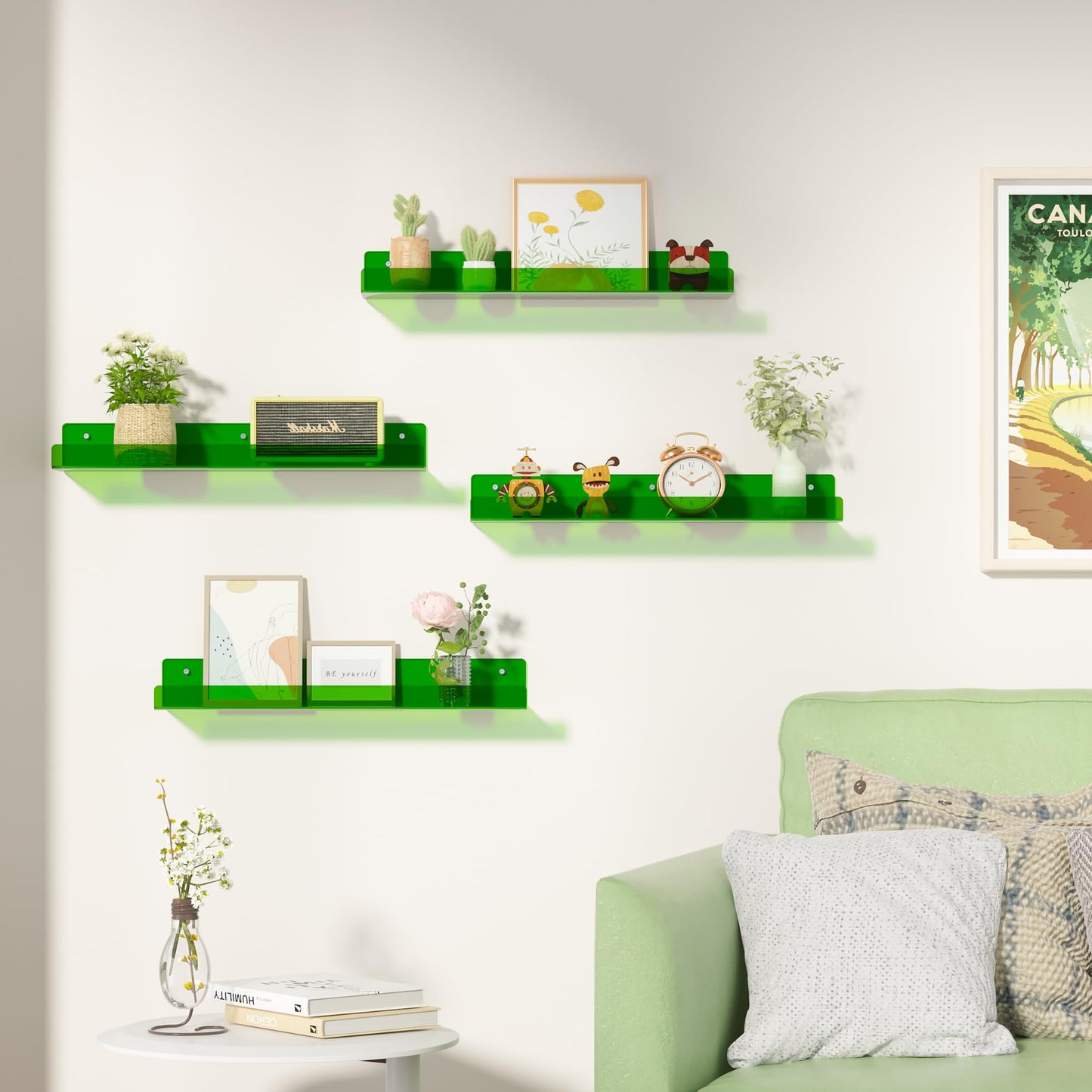 upsimples 4 Pack Acrylic Shelves for Wall Storage, 15" Floating Bookshelves for Kids, Display Shelf Organizer for Bathroom, Bedroom, Living Room, Kitchen, Room Decor, Clear Green