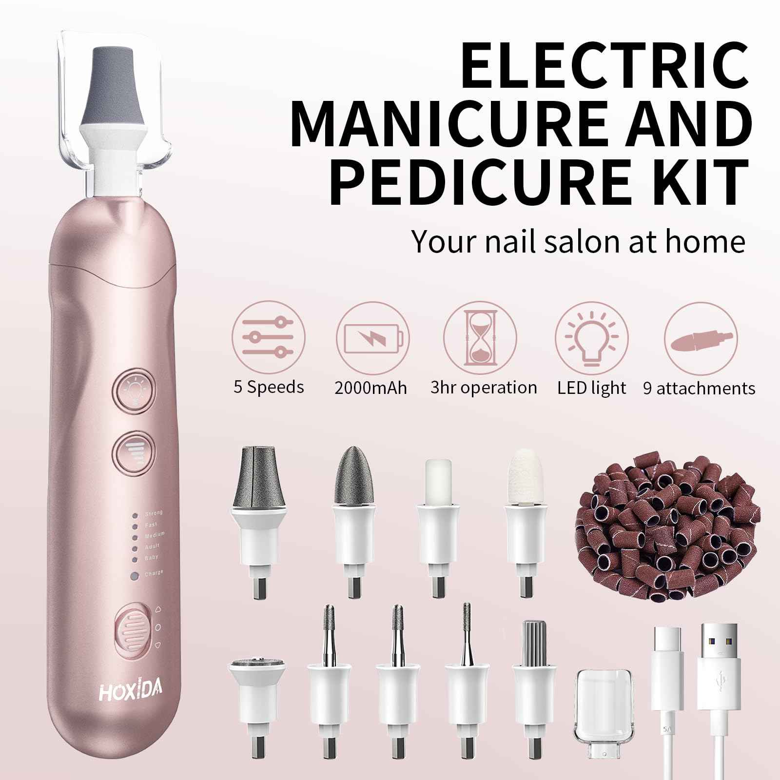 Cordless Electric Nail File Set, Rechargeable Pedicure Tools for feet, Professional Manicure Pedicure Kit 5 Speeds Hand Foot Care Nail Drill for Thick Nail Toenail Cuticle Women Men Pets