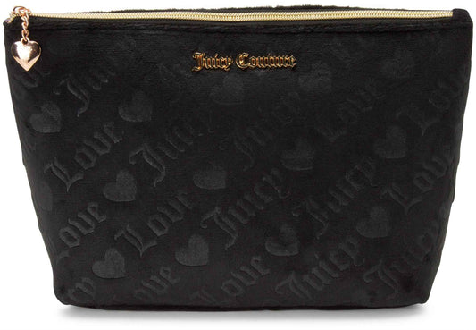 Juicy Couture Black Makeup Bag Cosmetics Organizer Travel Essentials Zip Top Wedge Velour Heart Love
