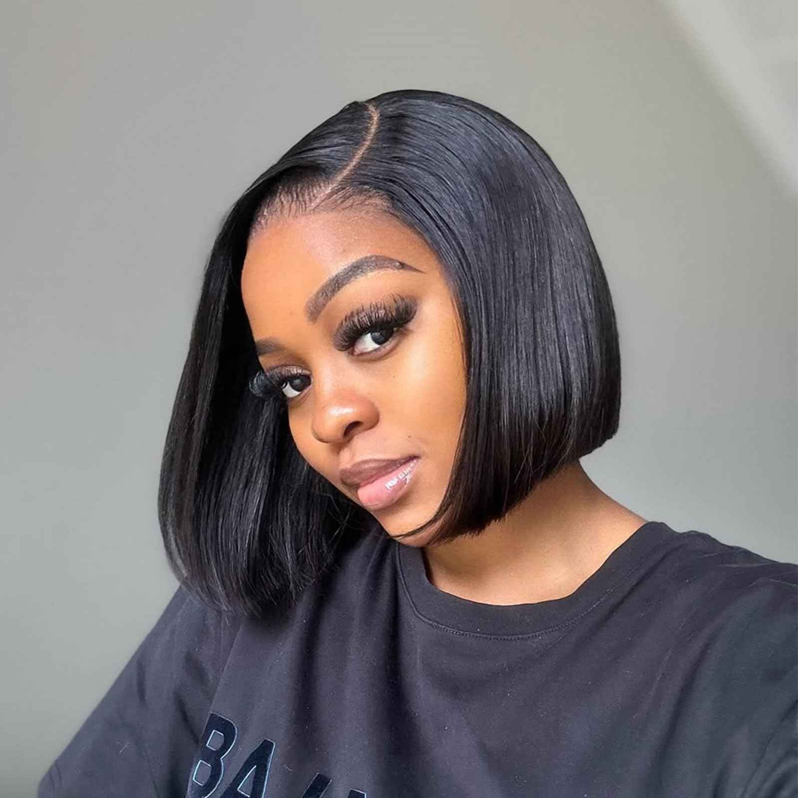 DSEKCAIN Bob Wig Human Hair 4x4 Lace Closure Middle Part Short Straight Bob Wigs for Women 100% Real Human Hair Natural Black 1B Color 10 Inch