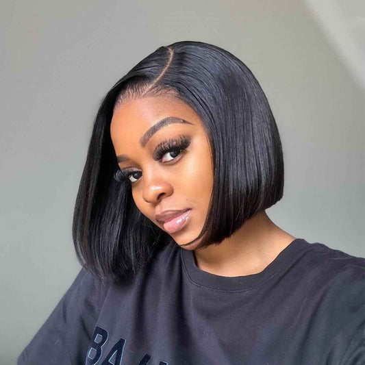 DSEKCAIN Bob Wig Human Hair 4x4 Lace Closure Middle Part Short Straight Bob Wigs for Women 100% Real Human Hair Natural Black 1B Color 10 Inch