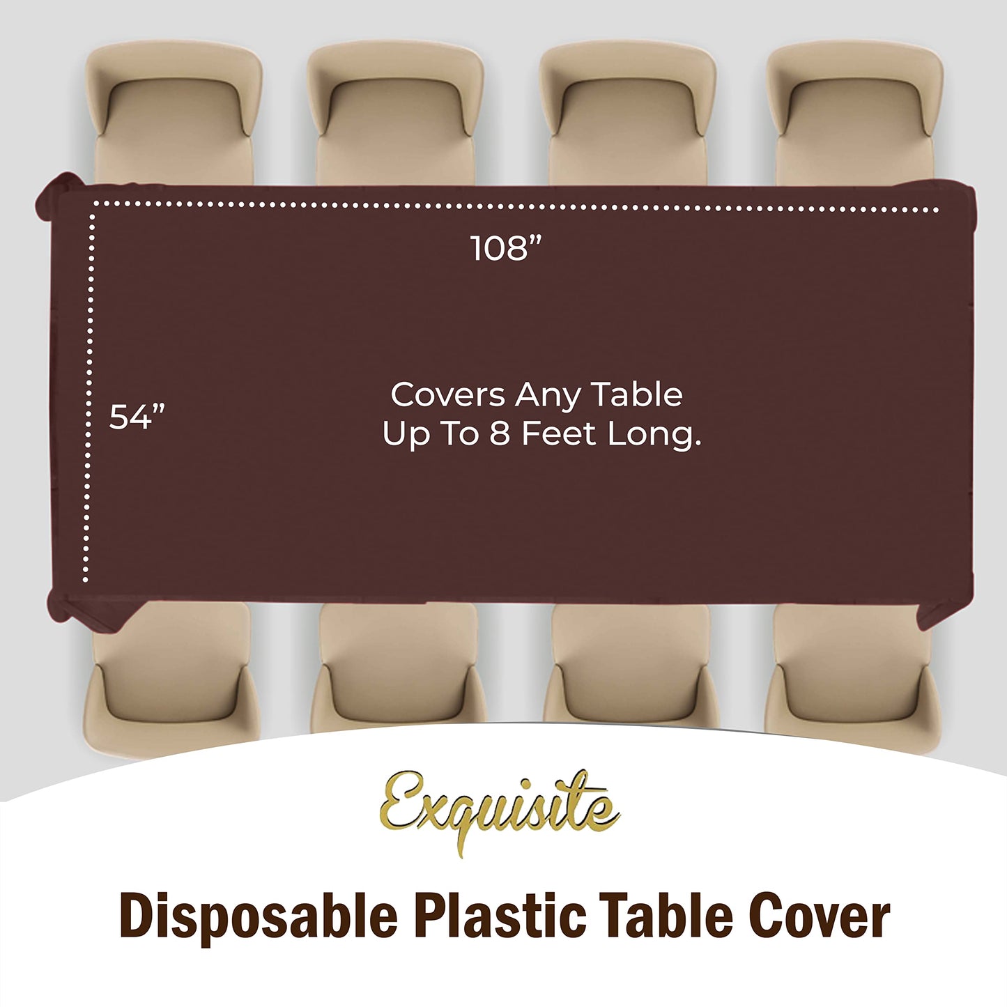 Exquisite 6-Pack Premium Plastic Tablecloth 54in. X 108in. Rectangle Plastic Table Cover - Brown