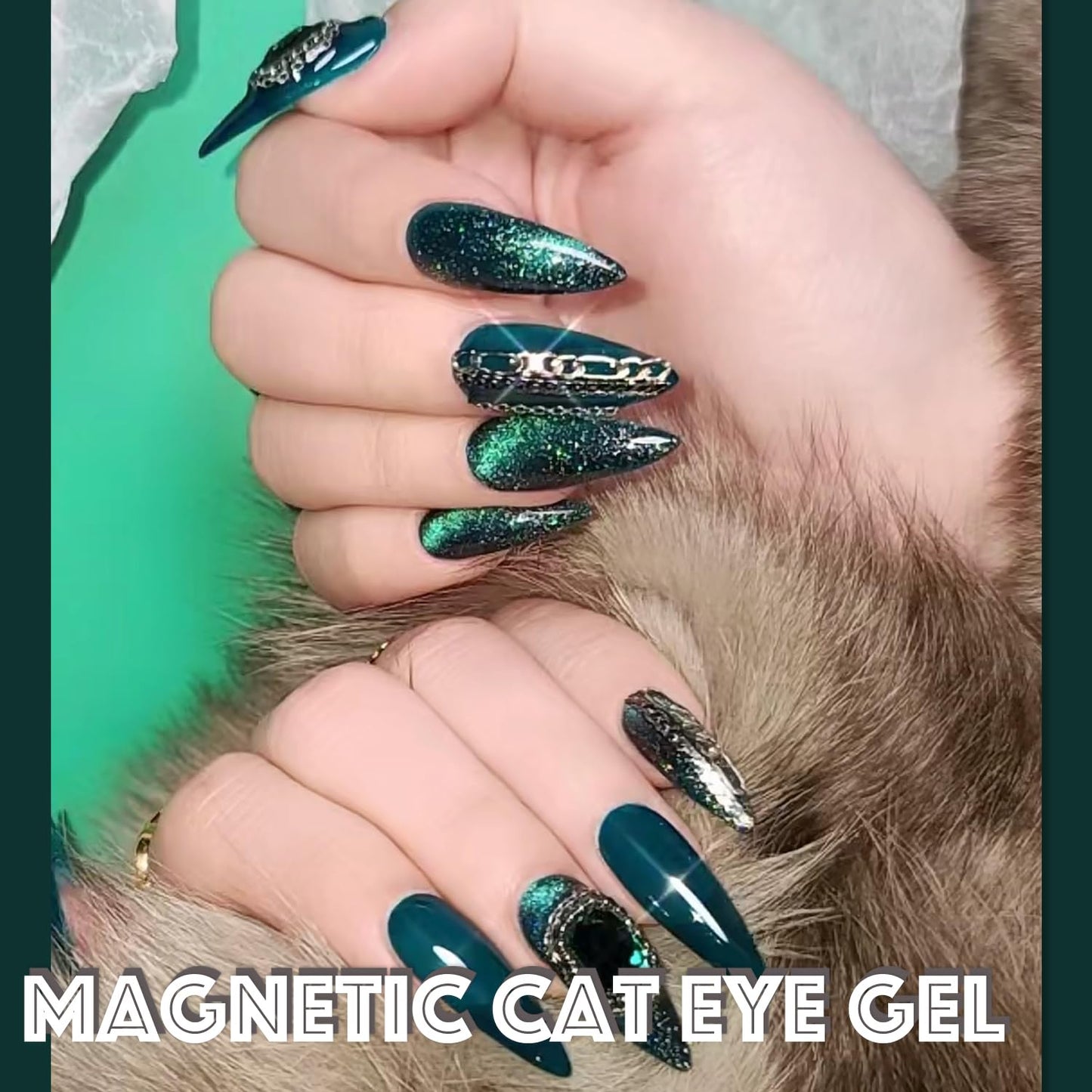 AHAMIOU Crystal Cat Eye Gel Polish Kits Magnetic Nail Polish Set Holographic Cats Eyes Gel Nail Polish Shiny Diamond Glitter Gel with Magnet Stick(Dark Green)