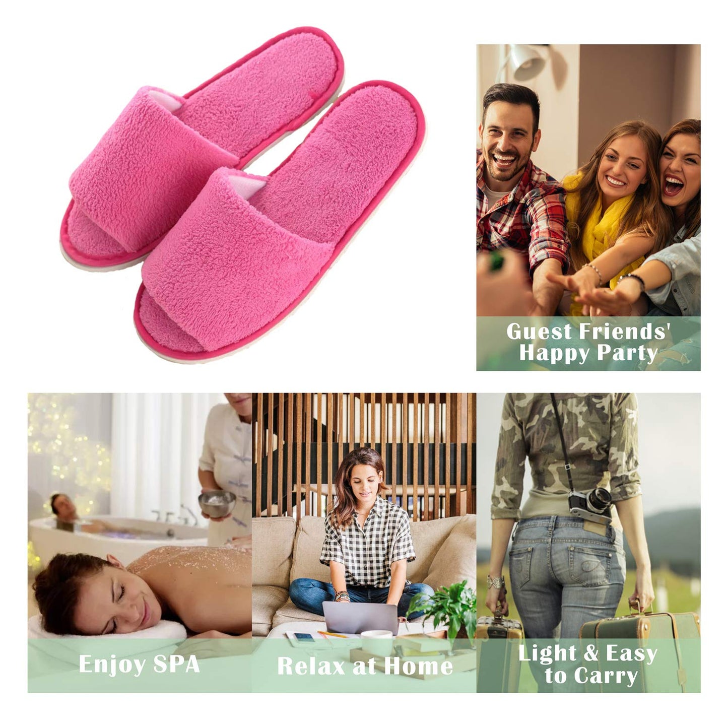 Spa Slipper- 5 Pairs of Velvet Open Toe Slippers with Travel Bags- One Size Fit Most Men and Women for Spa, Party Guest, Hotel and Travel, Washable and Non-Disposable Pink