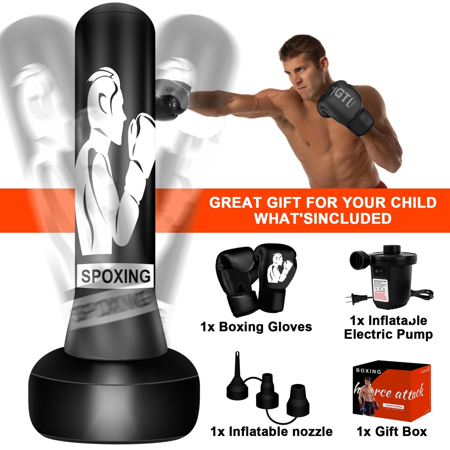 Heavy Punching Bag with Stand for Adults 70" Freestanding Punching Bag with Boxing Gloves and Electric Air Pump, Men Women Teens Standing Inflatable Boxing Bag for Training MMA Thai Fitnessers.